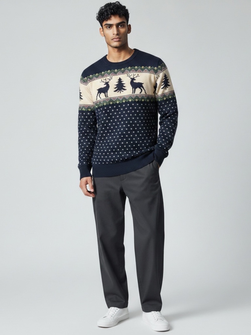 Aspen Mens Navy and Cream Fair Isle Ski Holiday Crewneck Sweater Size Large